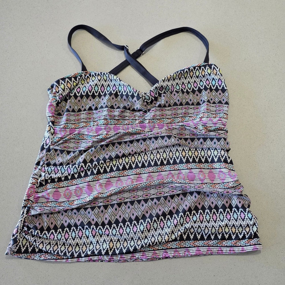 Next Swimwear Geometric Tribal Print‎ Tankini Top Black Pink NE56018BY Womens L